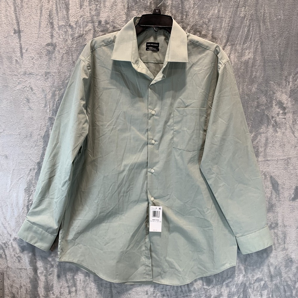Van‎ Heusen Men's Button Up Shirt L Green Regular Fit Stain Shield Stretch 32/33